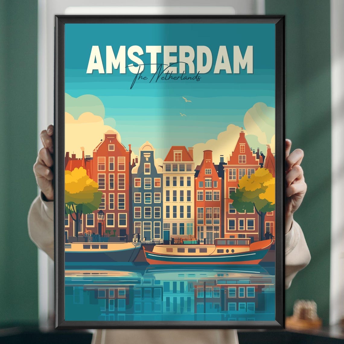 Amsterdam Canals Retro Cityscape Scene Netherlands Travel Poster
