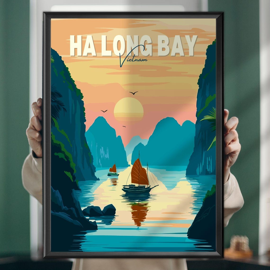 Ha Long Bay Vietnam Junk Boat Sunset Limestone Seascape Travel Poster
