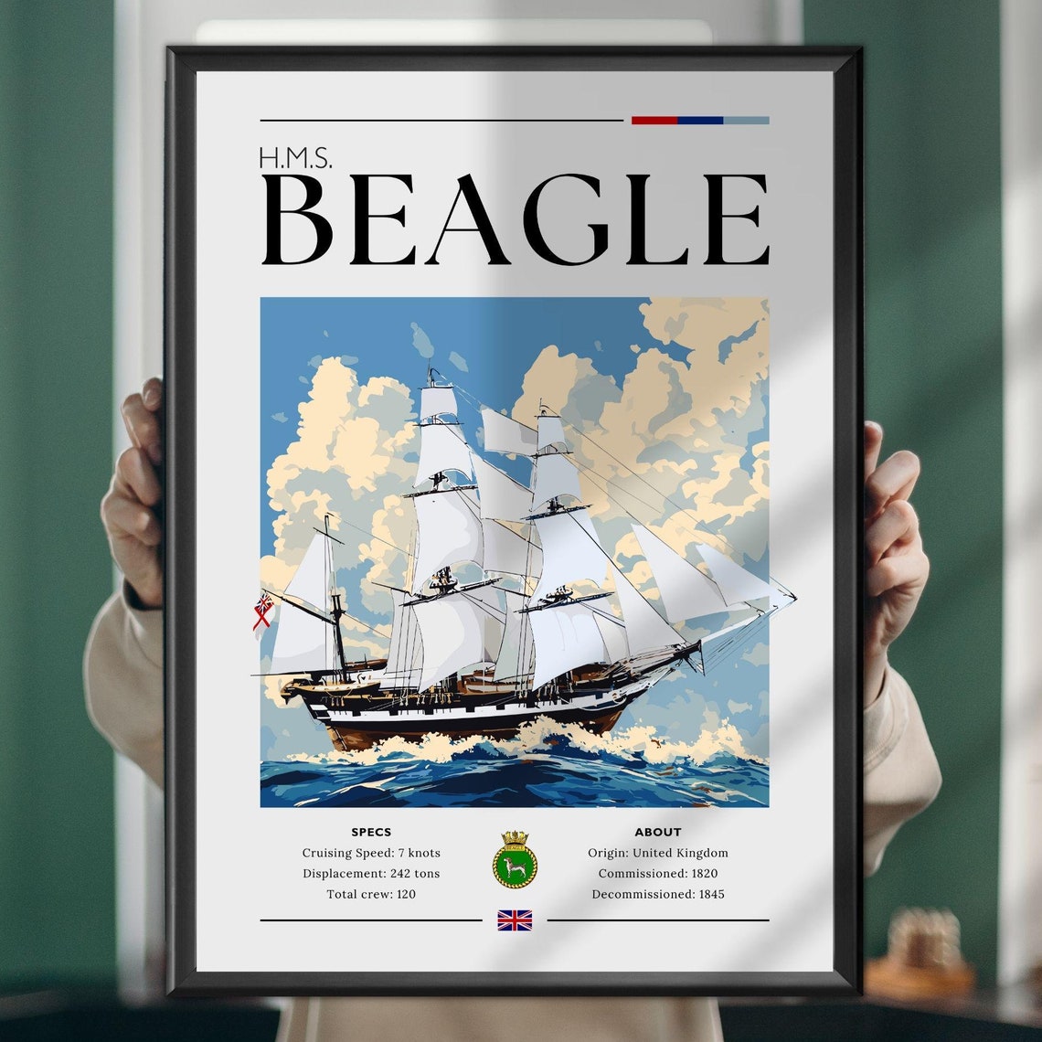 HMS Beagle Sailing Ship Specs Nautical Maritime Art Wall Poster
