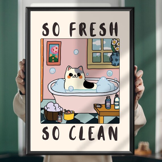 So Fresh So Clean Funny Cat Bubble Bath Poster Pink Bathroom Decor
