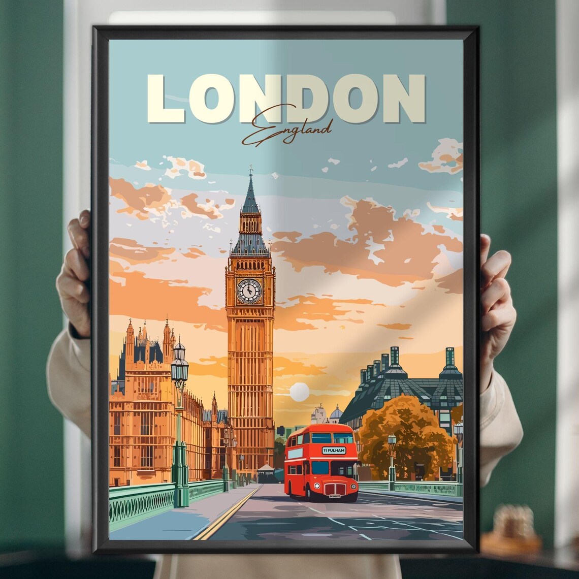 London England Big Ben Red Bus Sunset Golden Vintage Travel Poster