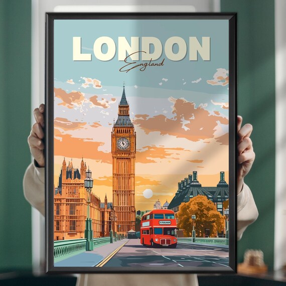 London England Big Ben Red Bus Sunset Golden Vintage Travel Poster