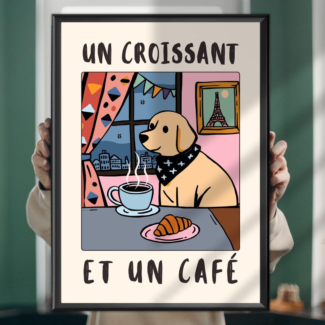 Un Croissant et un Cafe French Dog Kitchen Poster Parisian Eiffel