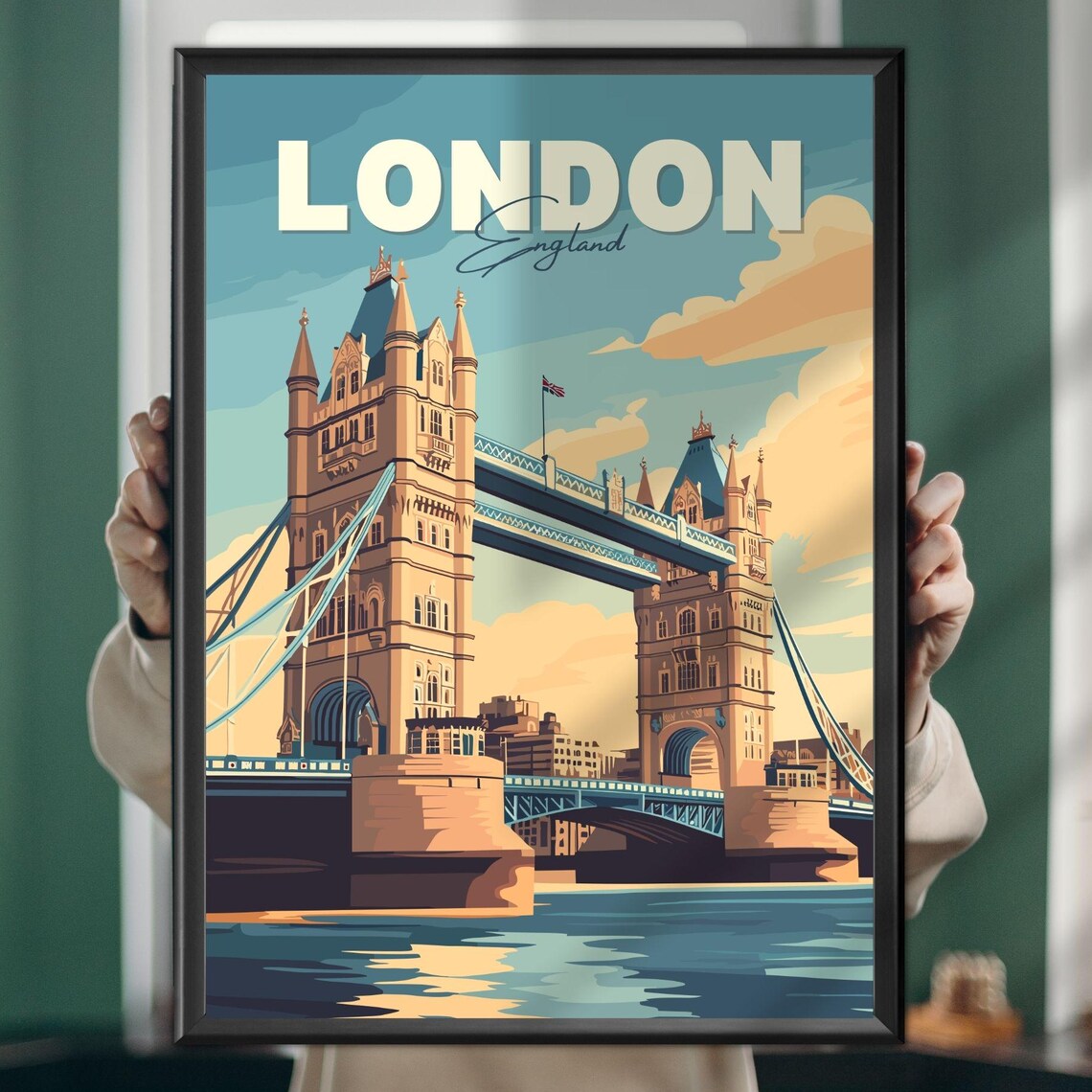 London England Tower Bridge Over Thames Golden Vintage Travel Poster