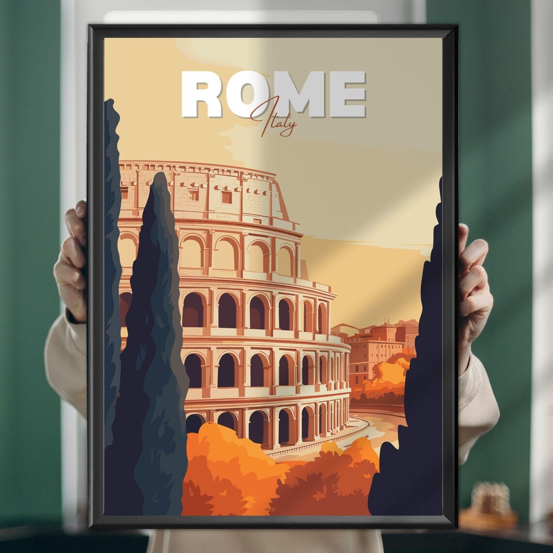 Rome Colosseum Cypress Trees Sunset Retro Illustration Travel Poster