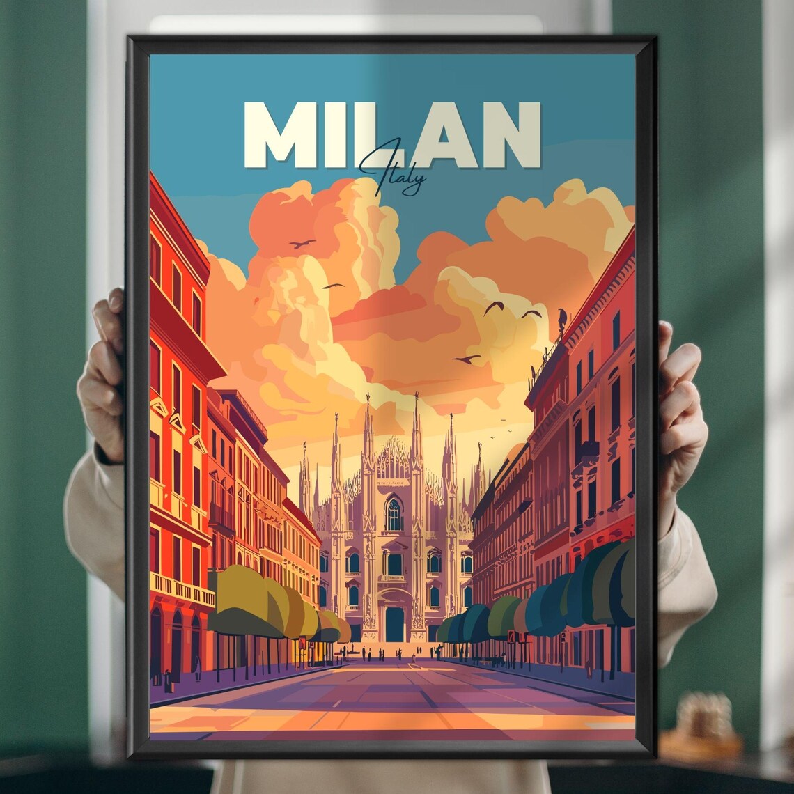 Milan Duomo Cathedral Sunset Street Retro Illustration Travel Poster