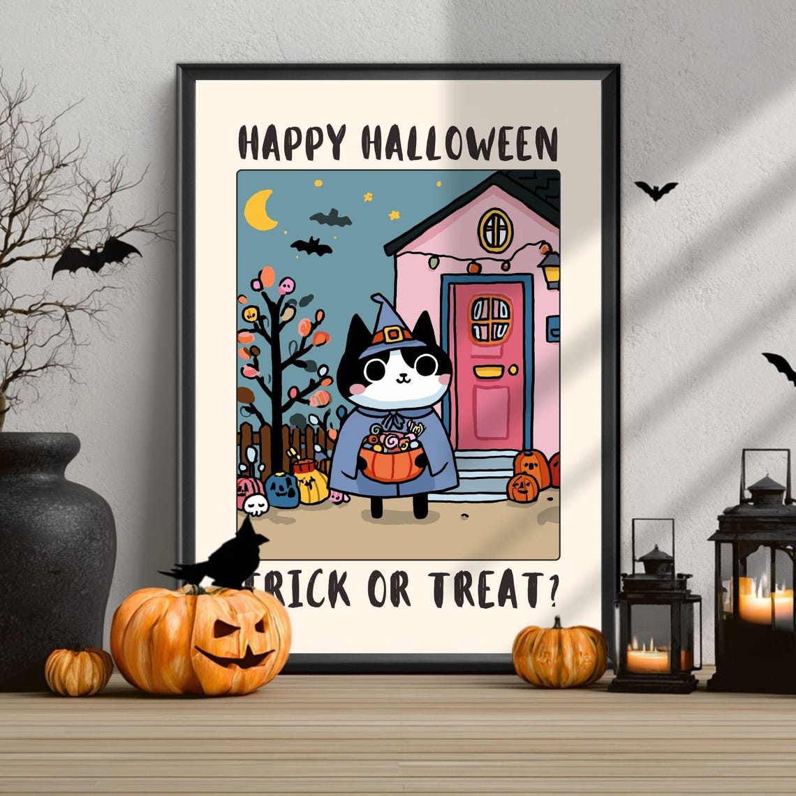 Happy Halloween Trick Or Treat Witch Cat Cute Funny Poster Art