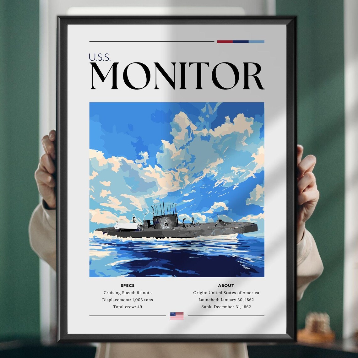 USS Monitor Civil War Ironclad Warship History Spec Sheet Poster