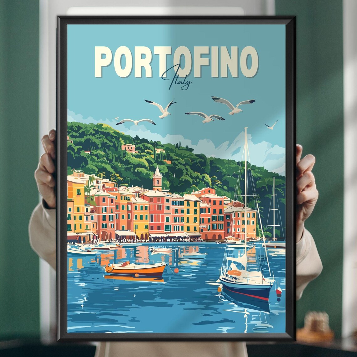 Portofino Italy Colorful Harbor Village Sailboats Retro Travel Poster