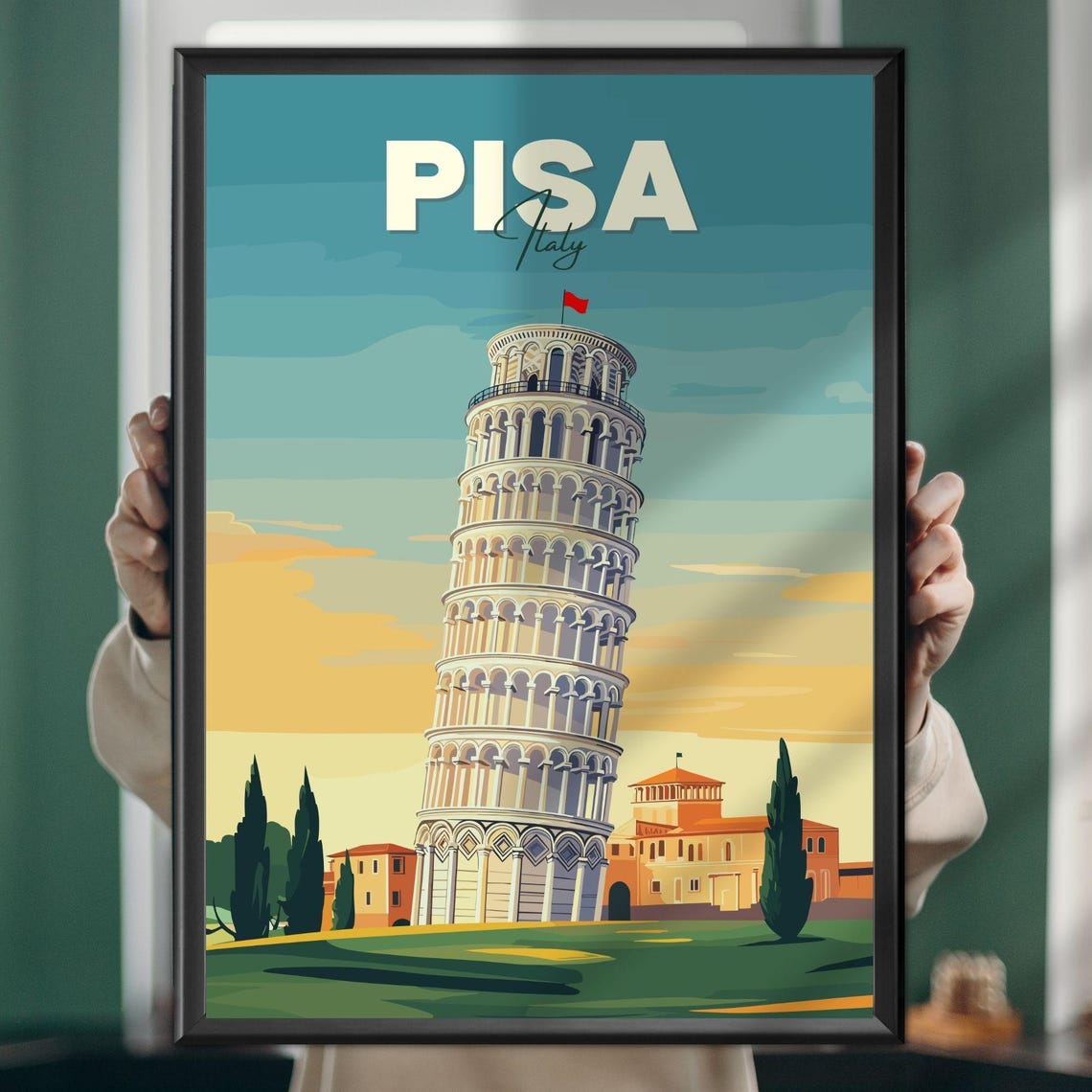 Leaning Tower of Pisa Sunset Cypress Trees Retro Illustration Poster