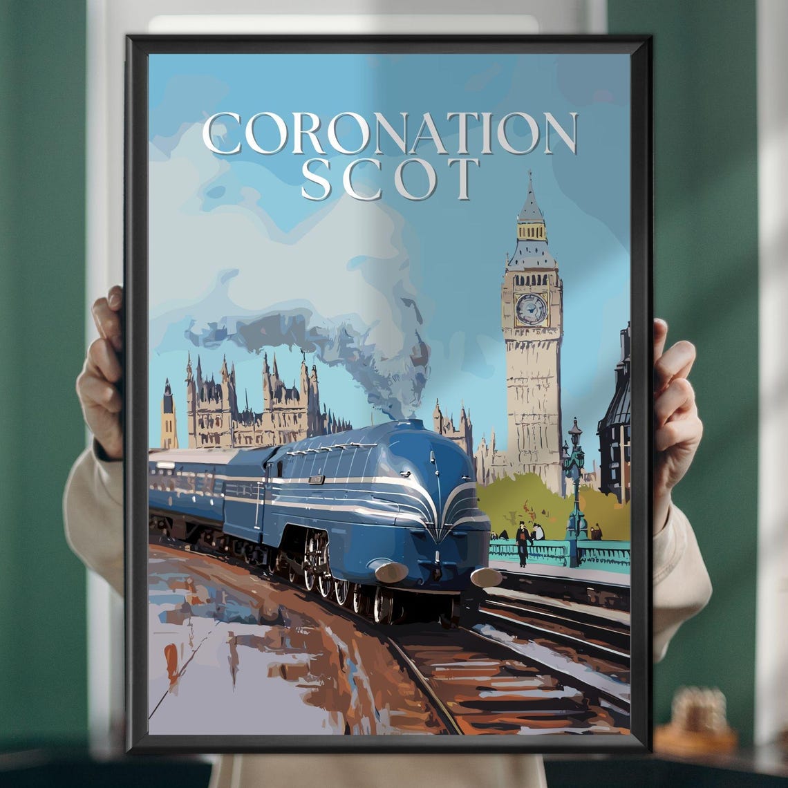 Coronation Scot Blue Streamlined Train London Big Ben Railway Poster