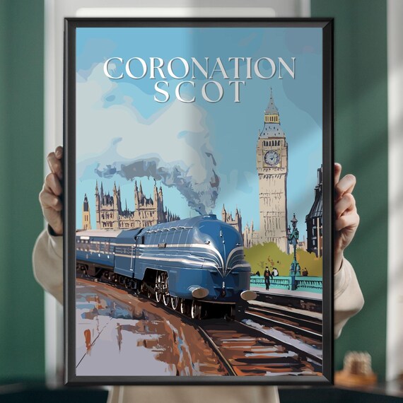 Coronation Scot Blue Streamlined Train London Big Ben Railway Poster