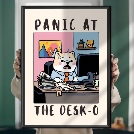 Panic At The Desko Dog Poster Funny Office Wall Art Workplace Humor Print Lover Gift For Home Or Corporate Decor