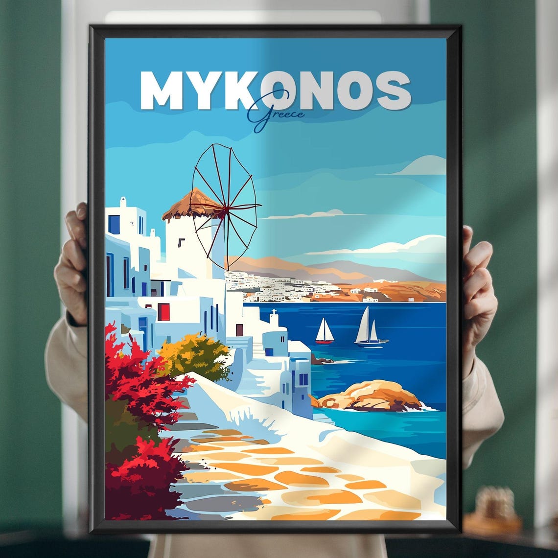Mykonos Greece Windmill Over Whitewashed Houses Seaside Travel Poster