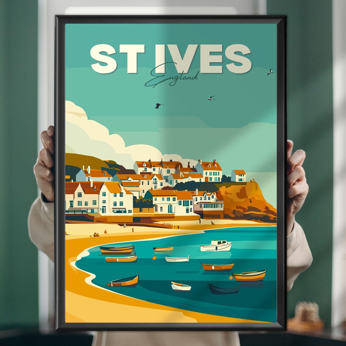St Ives England Coastal Town Beach Boats Vintage Travel Poster