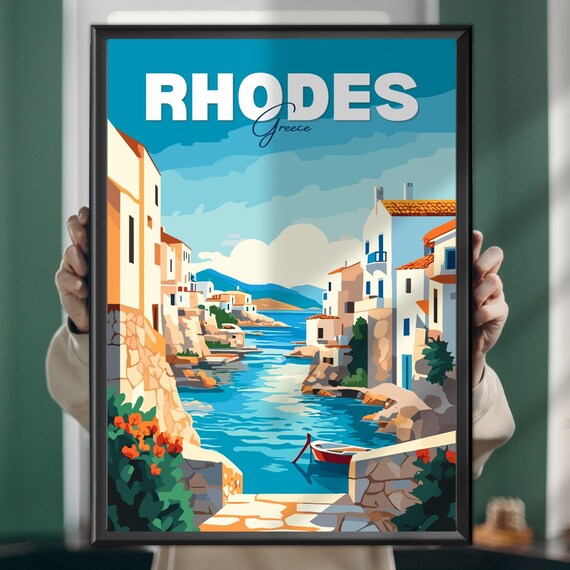 Rhodes Greece Harbor Village Boats Retro Travel Illustration Poster
