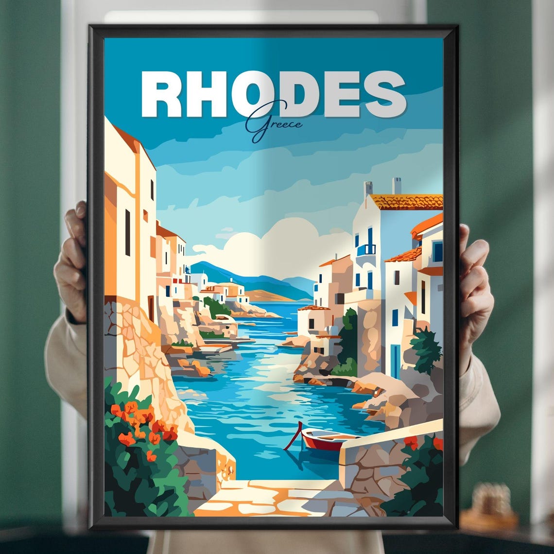 Rhodes Greece Harbor Village Boats Retro Travel Illustration Poster