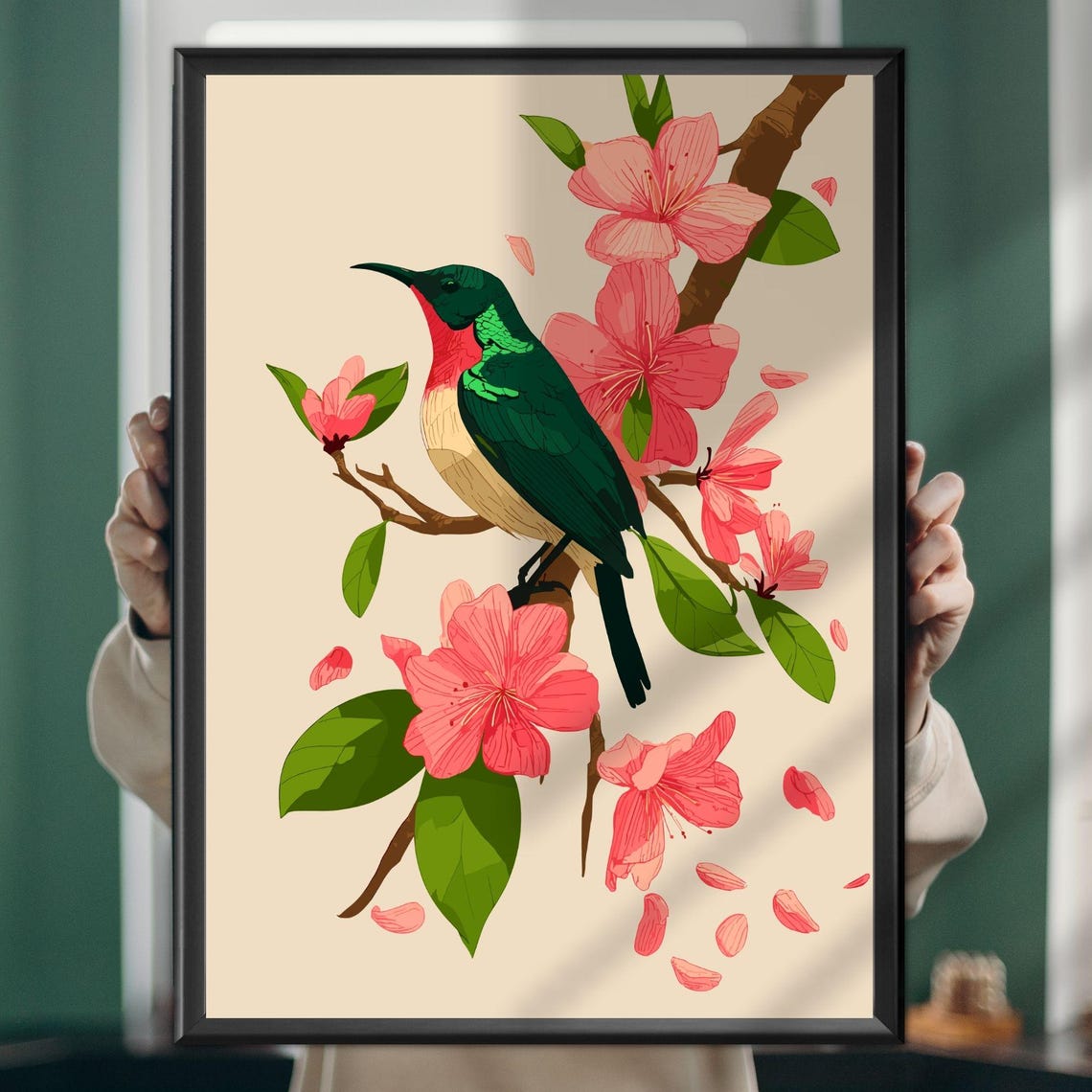 Green Sunbird on Pink Blossom Branch Tropical Bird Art Poster