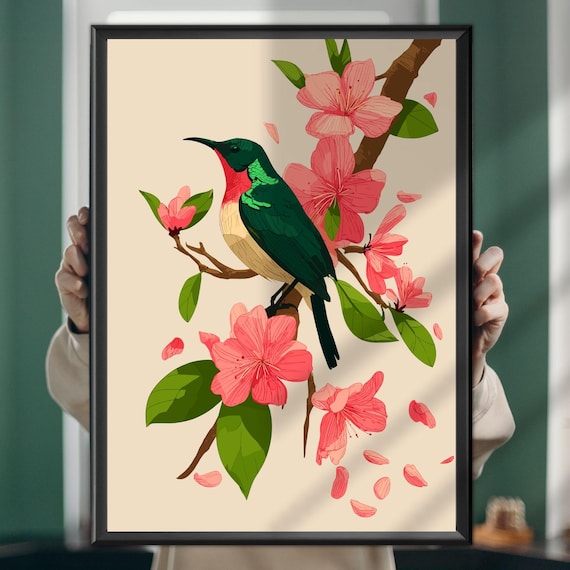 Green Sunbird on Pink Blossom Branch Tropical Bird Art Poster