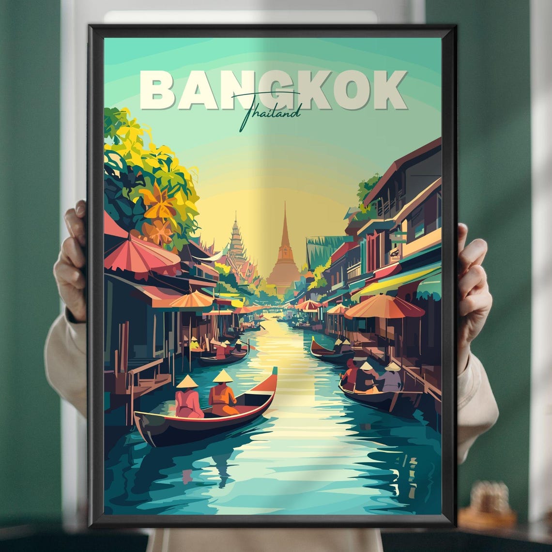 Bangkok Thailand Floating Market Canal Boats Scene Travel Poster