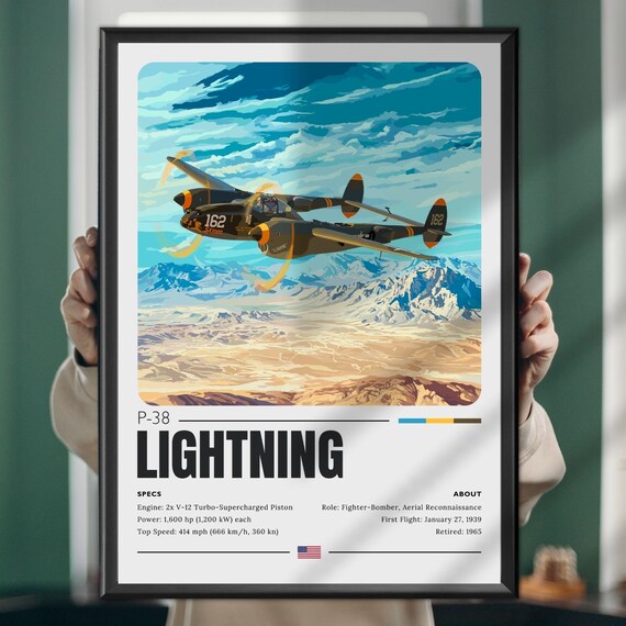 P-38 Lightning WWII Fighter Bomber Specs Aviation Art Poster