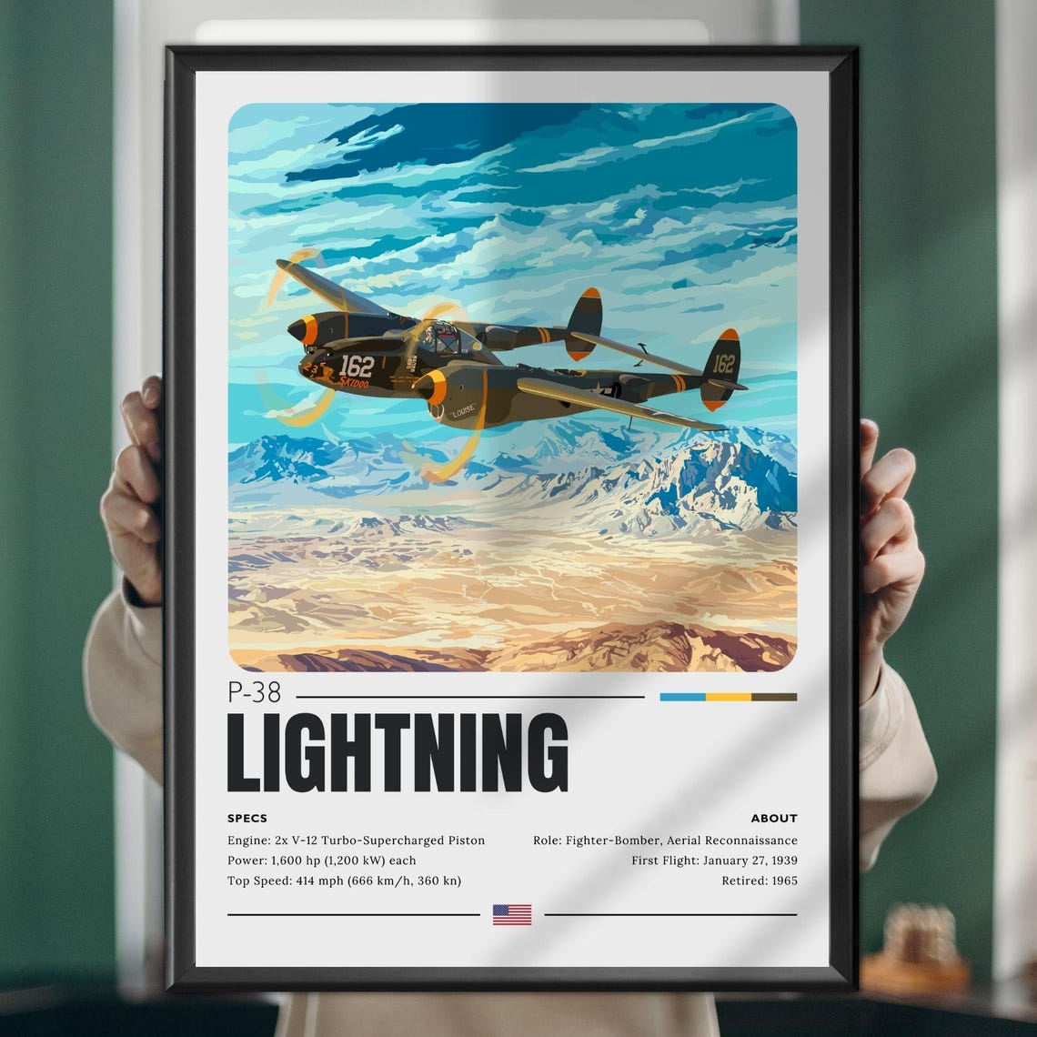 P-38 Lightning WWII Fighter Bomber Specs Aviation Art Poster