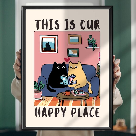 This Is Our Happy Place Cat Couple Reading Book Cartoon Poster