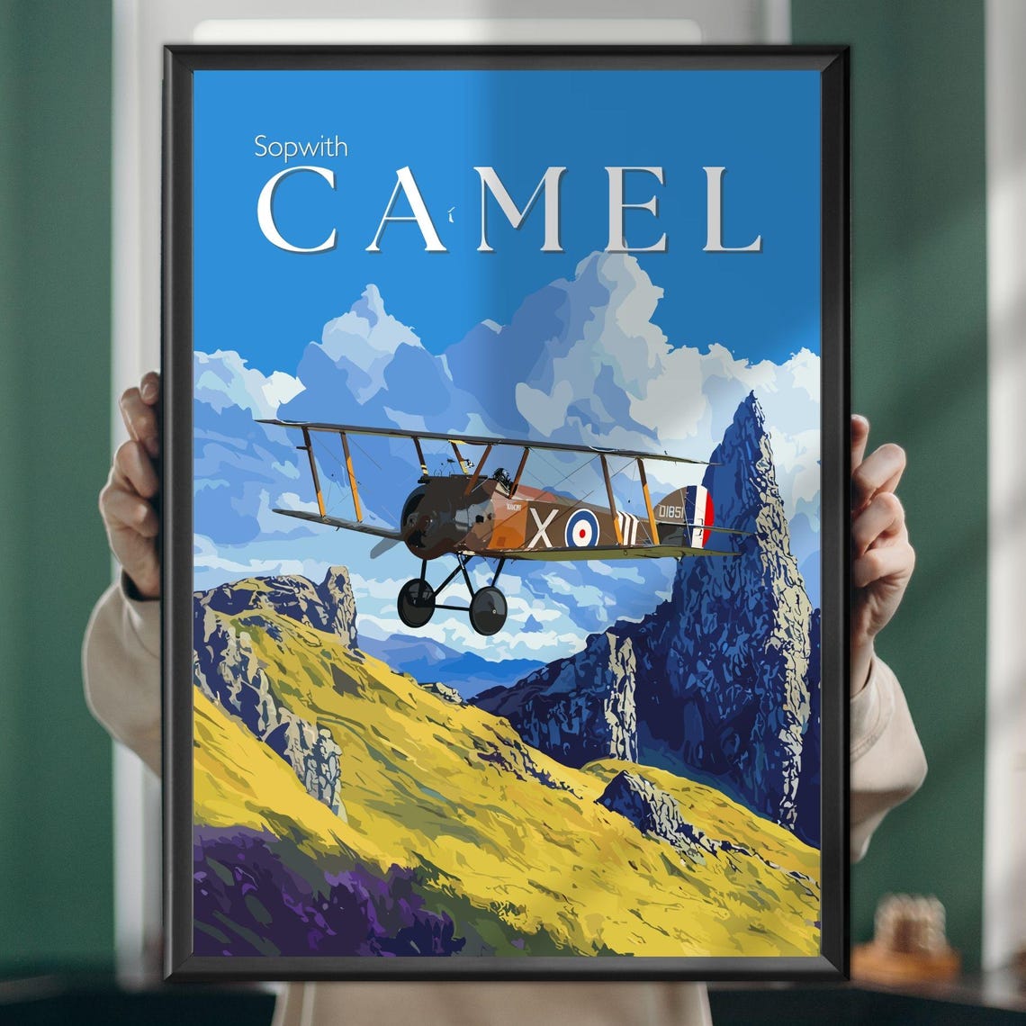 Sopwith Camel Biplane Over Rugged Mountains Vintage Aviation Poster