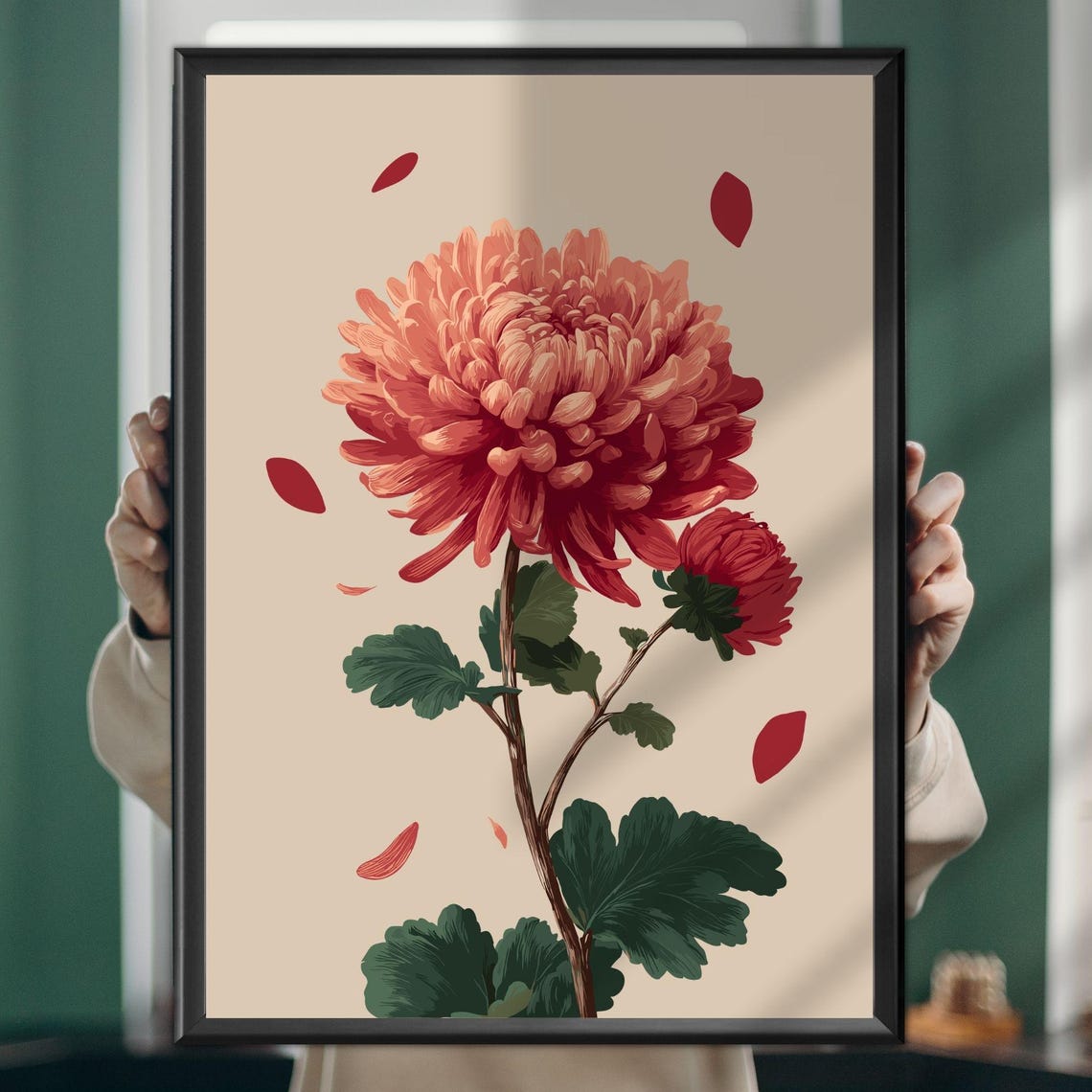 Coral Red Chrysanthemum Elegant Botanical Flower Bloom Art Poster