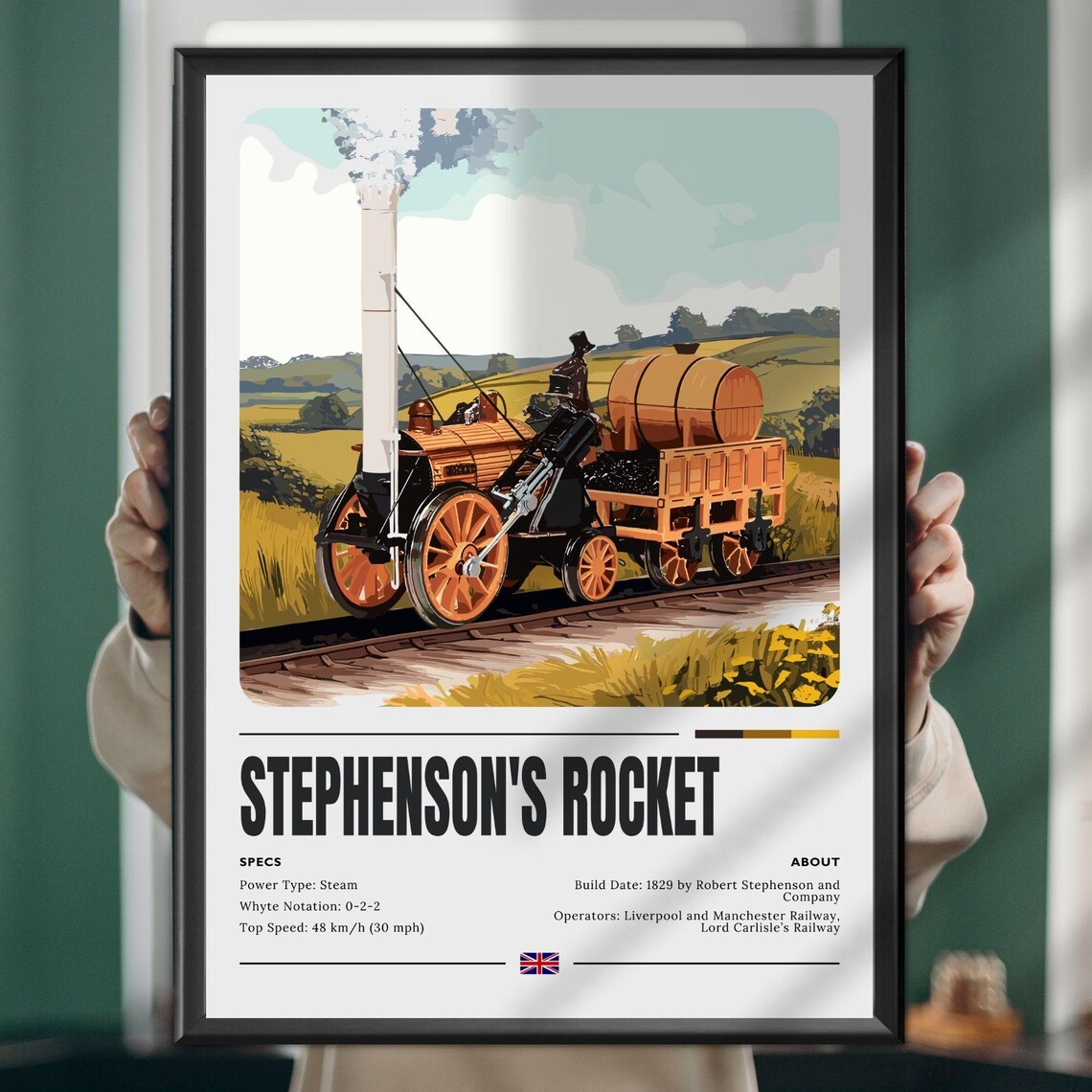 Stephensons Rocket Poster Print, Steam Train Locomotive