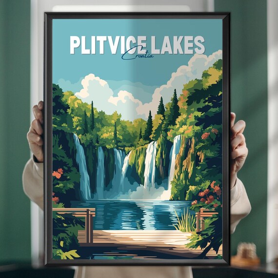 Plitvice Lakes Croatia Waterfalls Turquoise Pools Vintage Poster