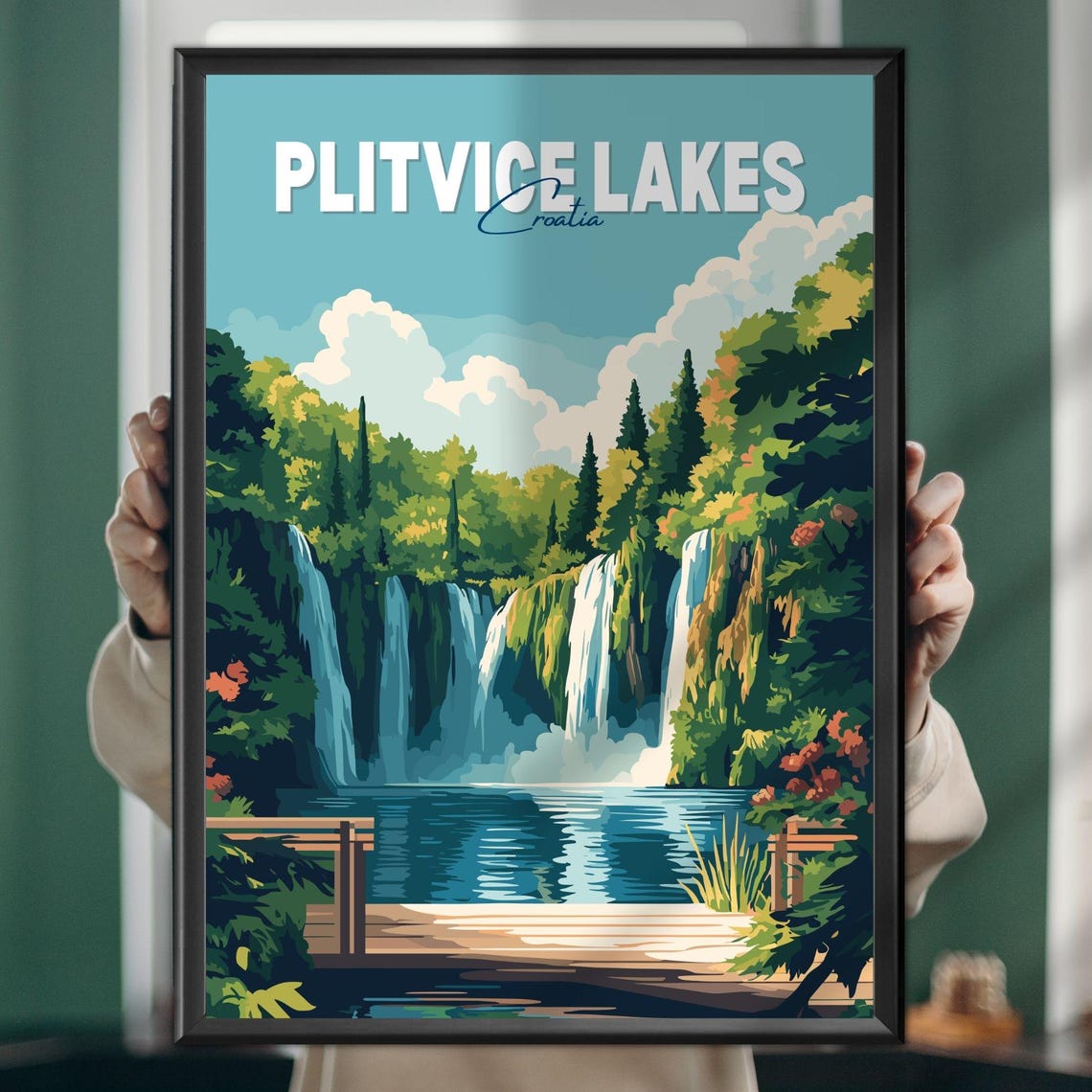 Plitvice Lakes Croatia Waterfalls Turquoise Pools Vintage Poster