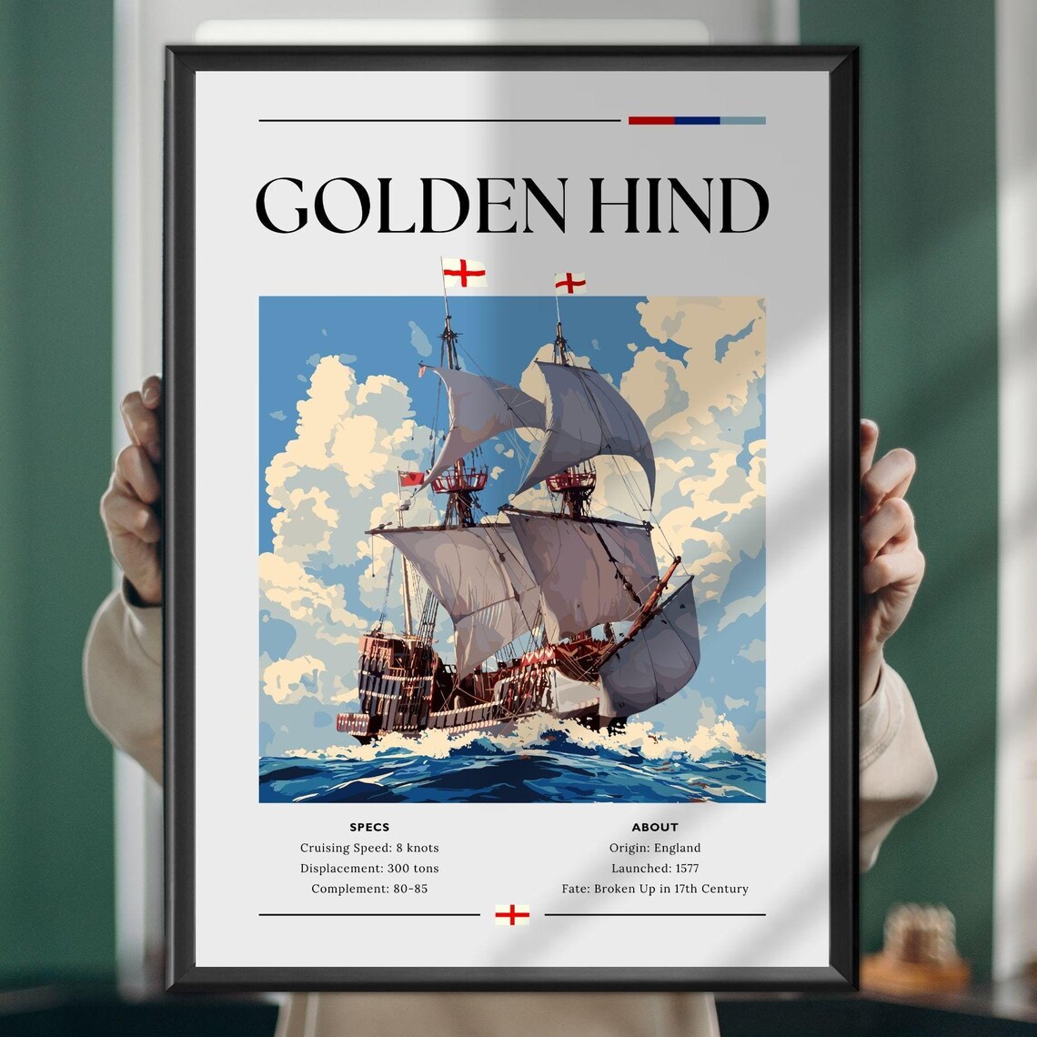 Golden Hind Tudor Galleon Ship Specs History Sail Art Poster