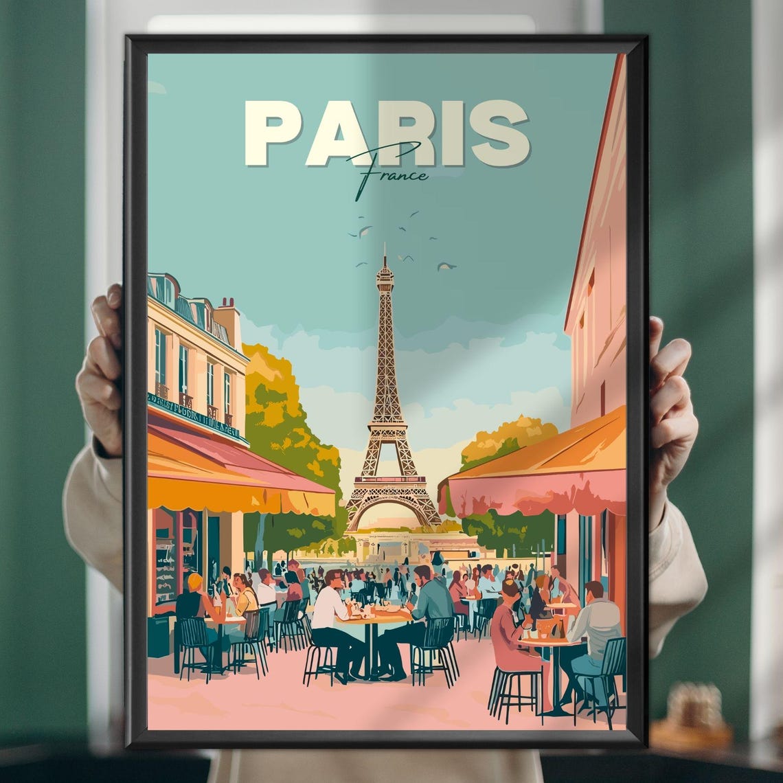 Paris Eiffel Tower View from Cafe Terrace Retro Illustration Poster