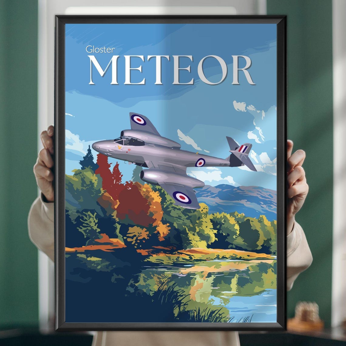 Gloster Meteor Jet Over Autumn Lake Vintage Aviation Art Poster