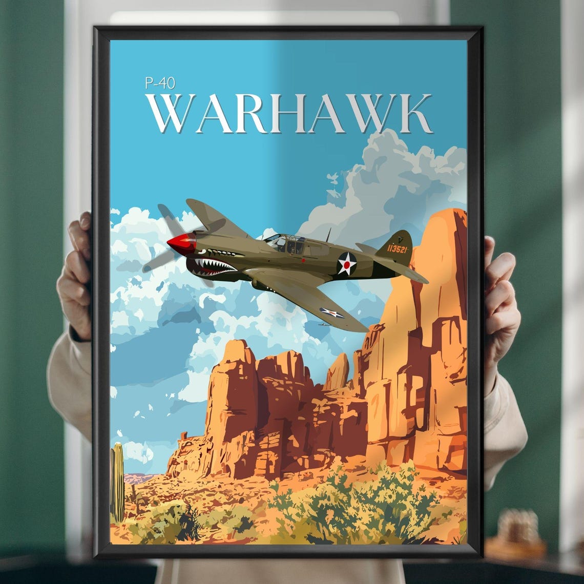 P-40 Warhawk Shark Mouth Fighter Over Desert Canyon Aviation Poster
