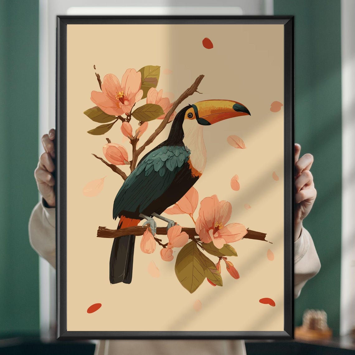 Toucan on Peach Blossom Branch Exotic Tropical Bird Art Poster