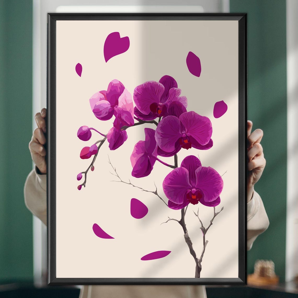 Magenta Orchid Bloom Botanical Illustration Falling Petals Art Poster