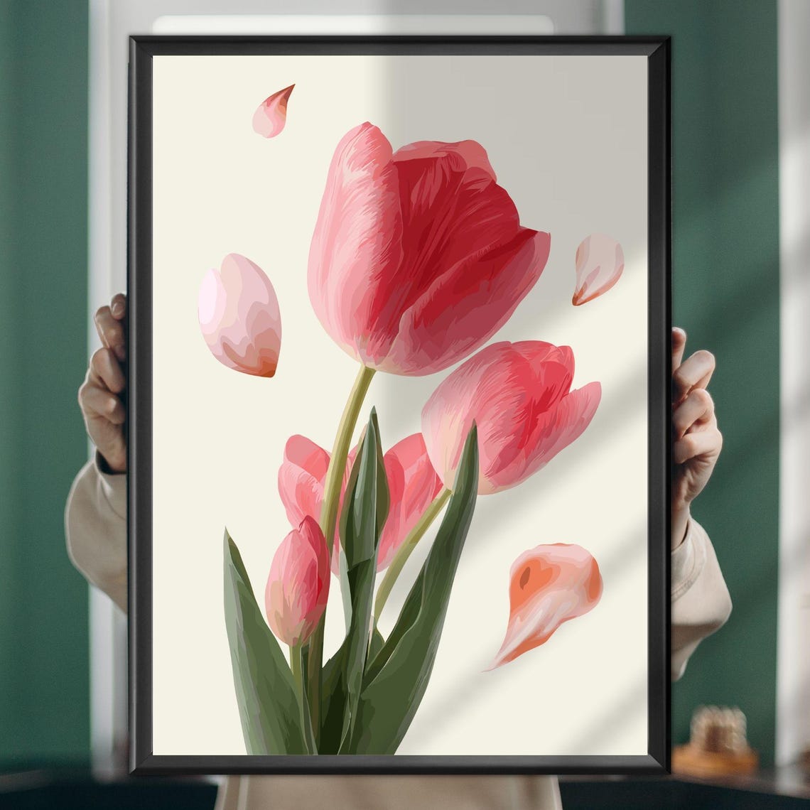 Pink Tulip Blossoms Botanical Painting Elegant Floral Art Poster