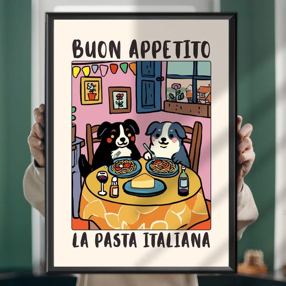 Buone Appetito La Pasta Italiana Dog Poster Funny Italian Kitchen Wall Art Cute Print Lover Gift Dining Room Decor