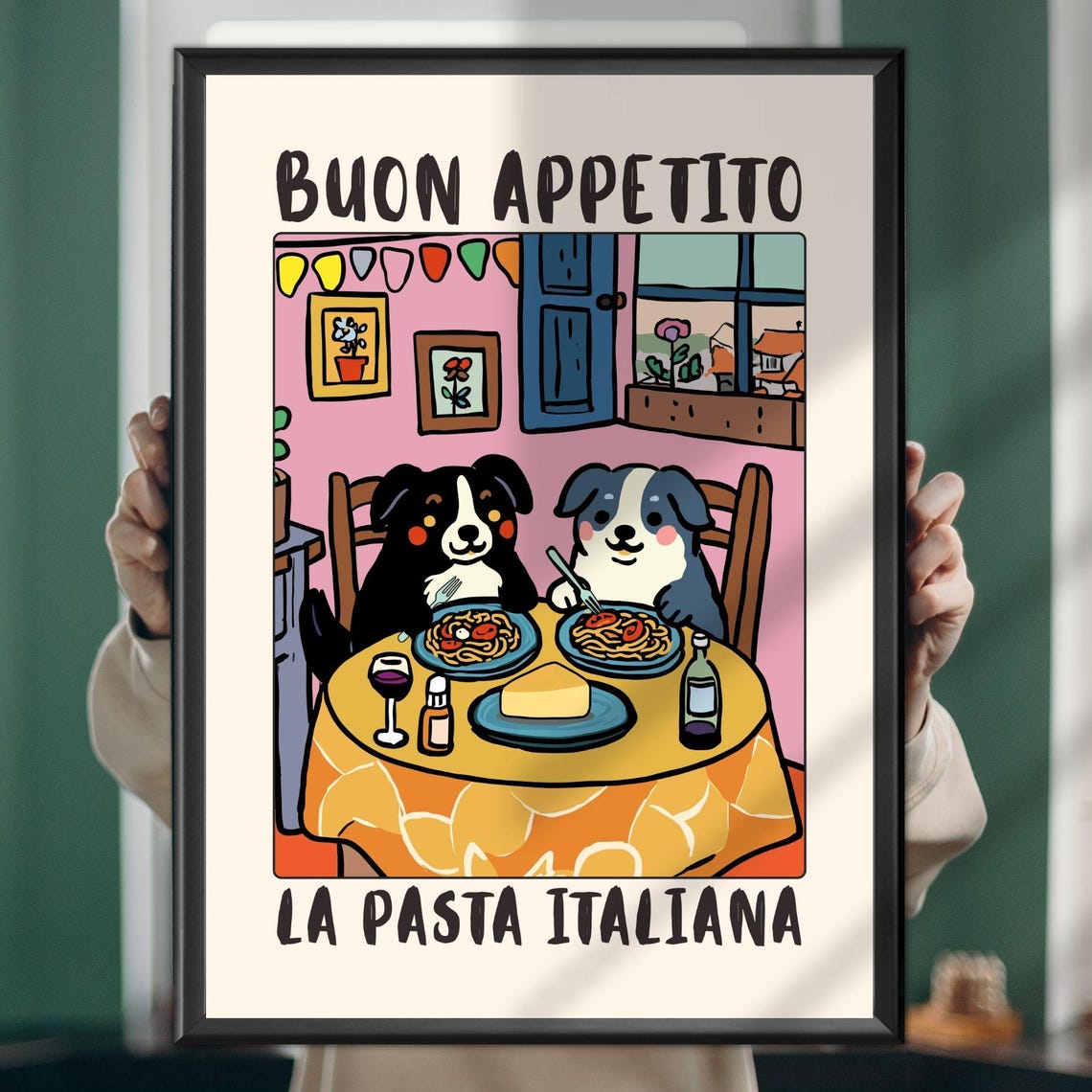 Buon Appetito Dogs Eating Pasta Funny Italian Kitchen Poster