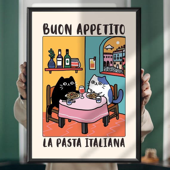 Buone Appetito La Pasta Italiana Cat Poster Funny Italian Kitchen Wall Art Cute Print Lover Gift Dining Room Decor