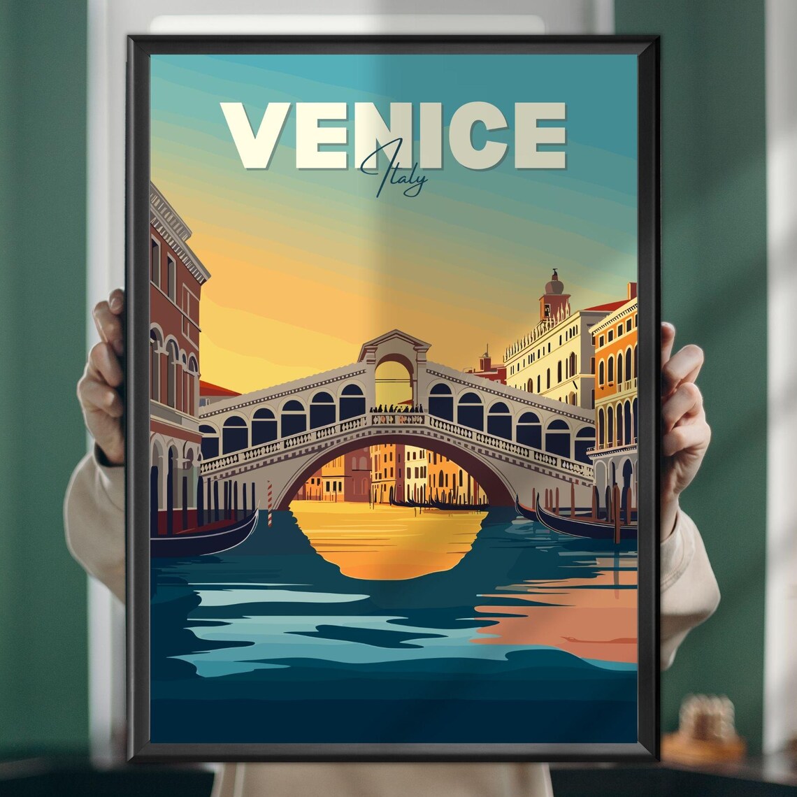 Venice Rialto Bridge Sunset Over The Grand Canal Travel Poster