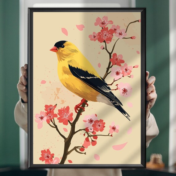 Goldfinch Painting Songbird Wall Art Yellow Bird Poster Nature Illustration Garden Decor Fine Print