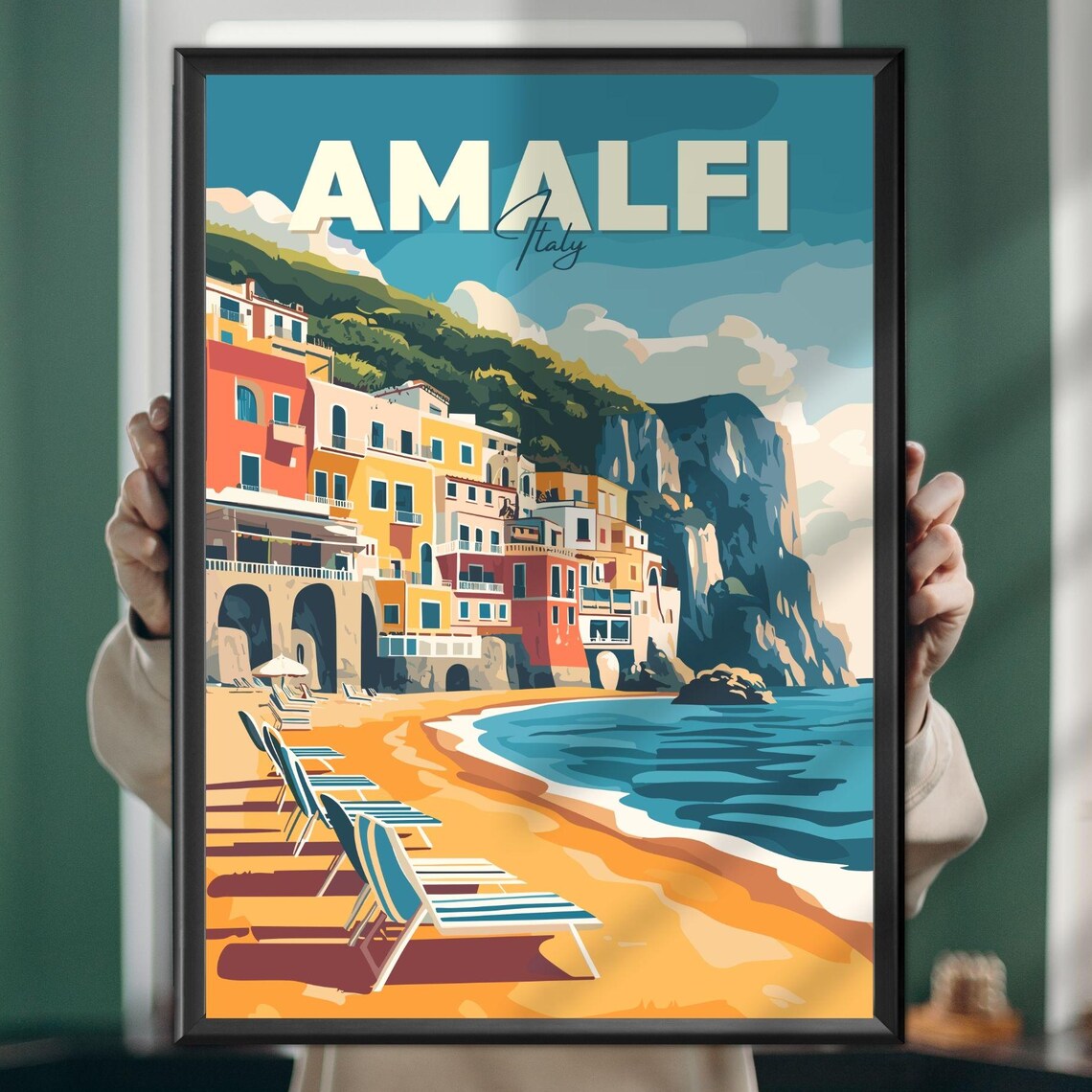 Amalfi Italy Colorful Cliffside Coastal Town Retro Travel Poster