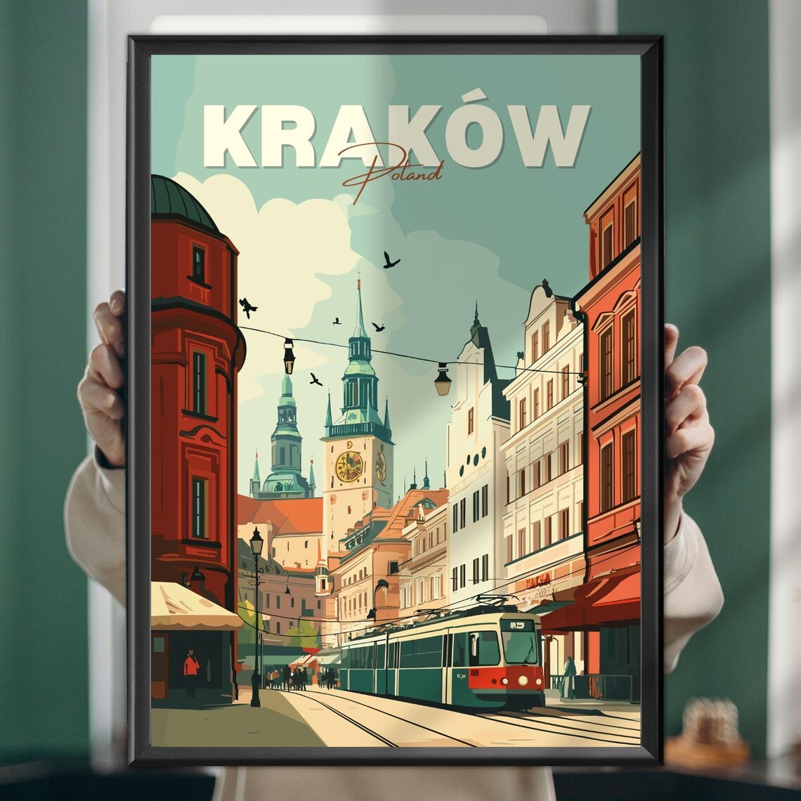 Krakow Poland Old Town Tram Square Tower Vintage Travel Poster