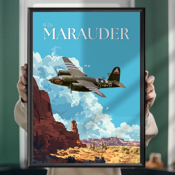 Martin B26 Marauder Over Mojave Desert Ww2 Bomber Aviation Art Print Vintage Military Poster