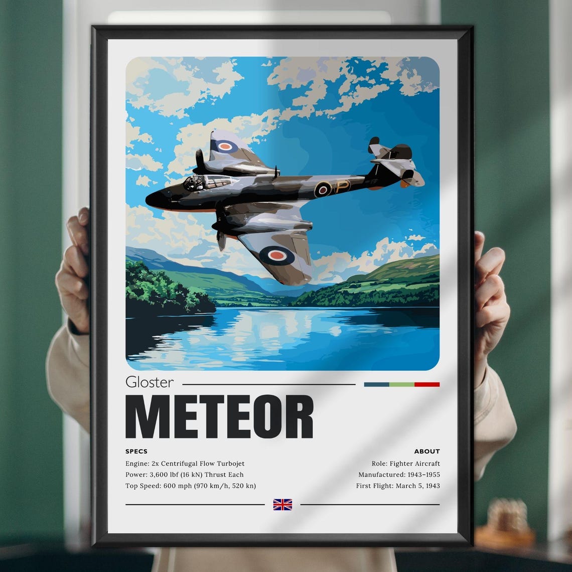 Gloster Meteor WWII Jet Spec Sheet Over Lake Aviation Poster