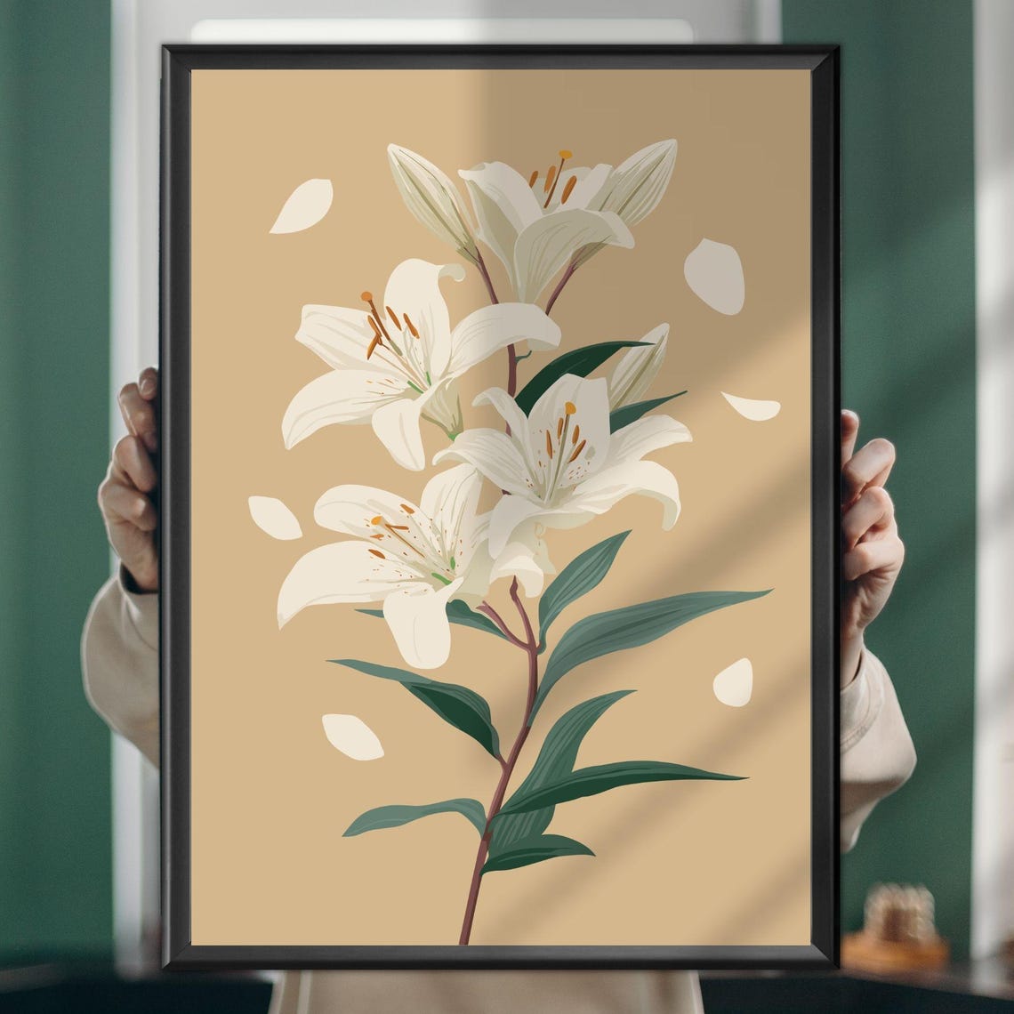 White Lilies On Warm Tan Botanical Illustration Falling Petals Poster