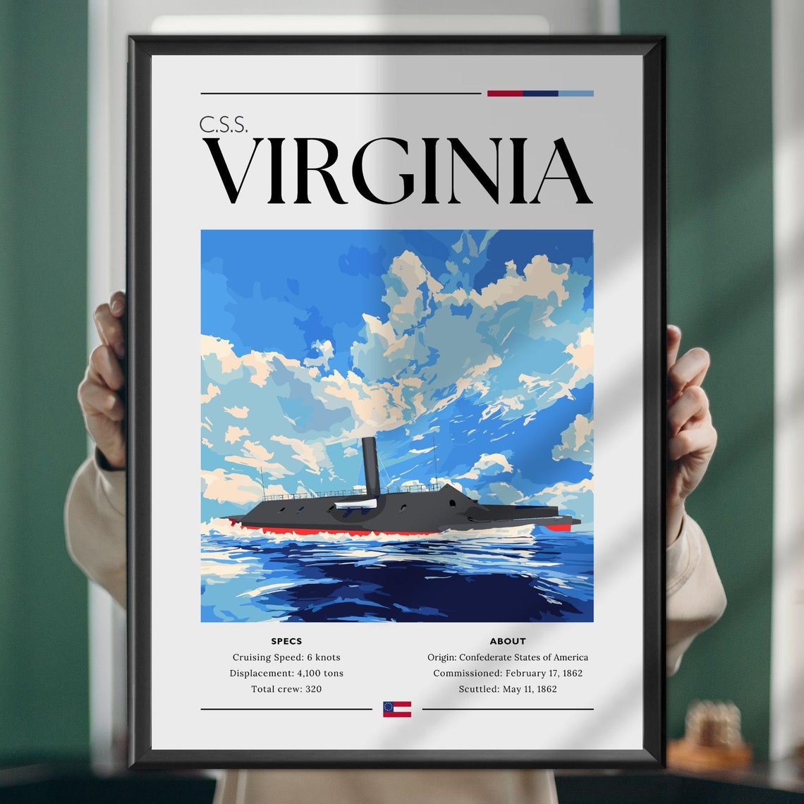 CSS Virginia Ironclad Civil War Ship Specs History Art Poster